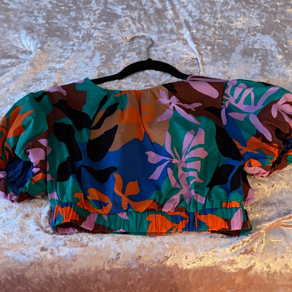MINKPINK Bold Botanical Puff-Sleeve Crop Top - Green/Purple/Orange/Blue